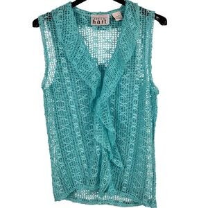 Keren Hart Womens M Crochet Ruffle Vest Turquoise Open Knit Boho Mermaidcore